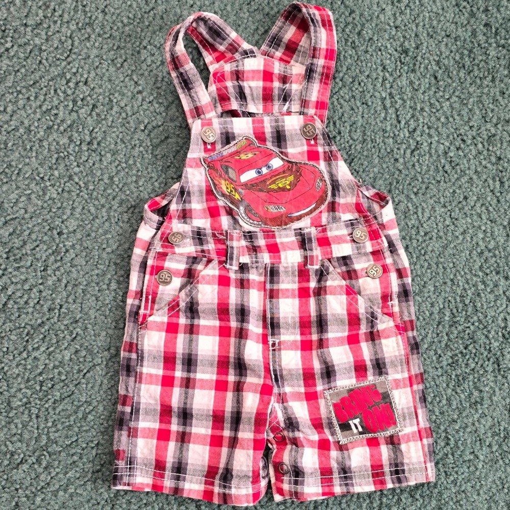 Disney‎ Baby Boy Lightning McQueen Cars Plaid Short Overalls Red Black Vintage